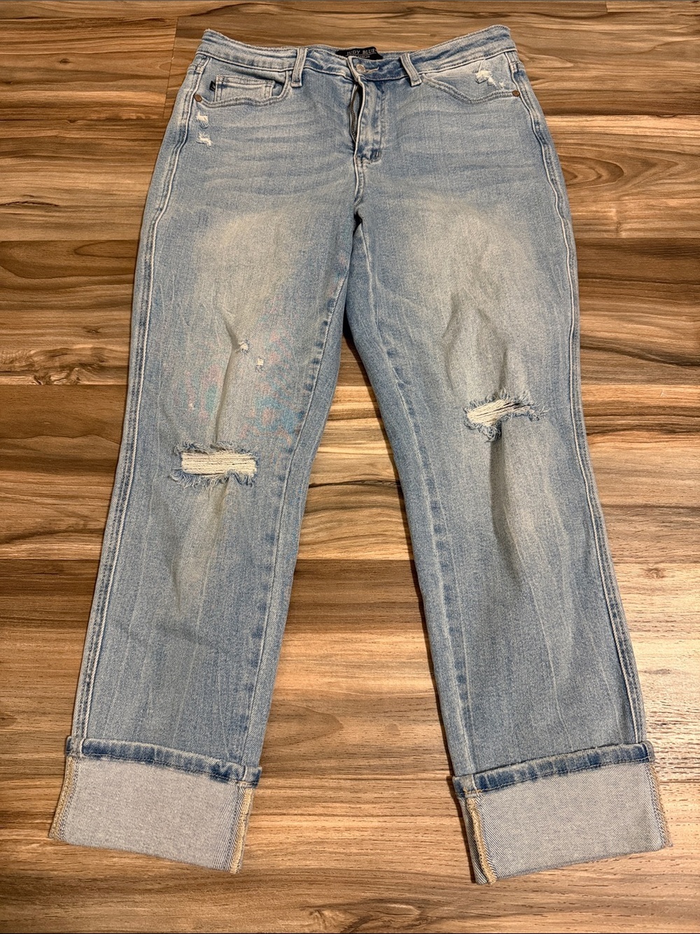 Judy Blue 11/30 Star Back Pocket Distressed Boyfriend Jeans Light Wash